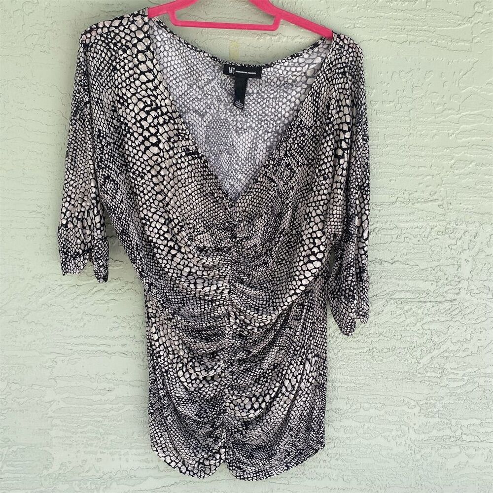 INC Women's Sheer V-Neck Ruched Blouse Black 3/4 Sleeve Size L